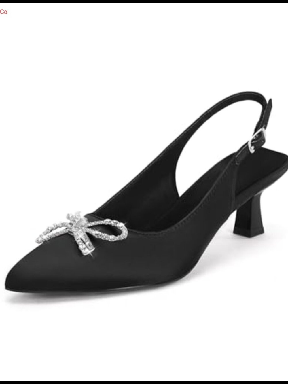 Satin Slingback Pumps Kitten Heel Rhinestone Bow Pointed Toe Dress Heels